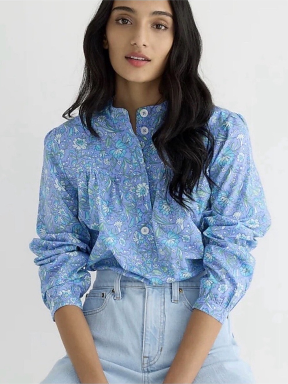J. CREW Fresco Floral Preppy Hippie Cotton Popover Poplin Purple Blue Top Medium